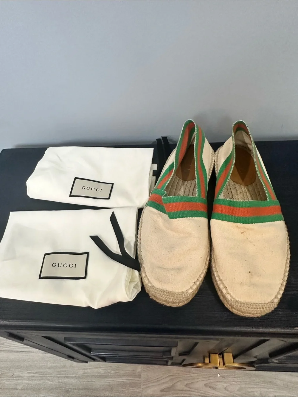 Gucci Beige Canvas Espadrilles with Green and Orange Stripes